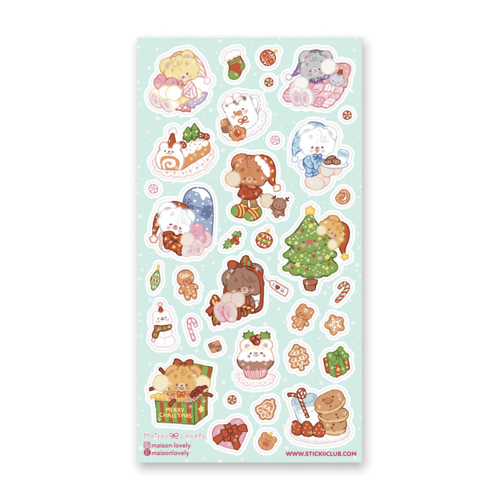Sticker sheet with images of bears dressed up for holidays and tiny images of presents, holly and treats.