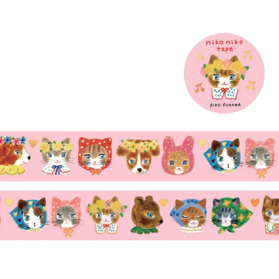 Image of washi tape with pink background and images of cats and dogs wearing hats.