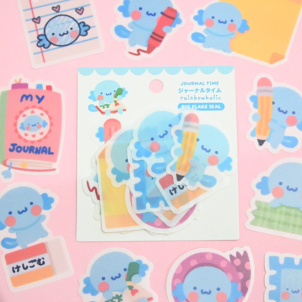 Package of stickers in the image of axoloti with stationery supplies.