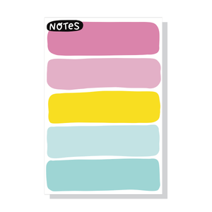 Image of notepad with five color blobs in pastel colors with black oval with white text says, "Notes". 