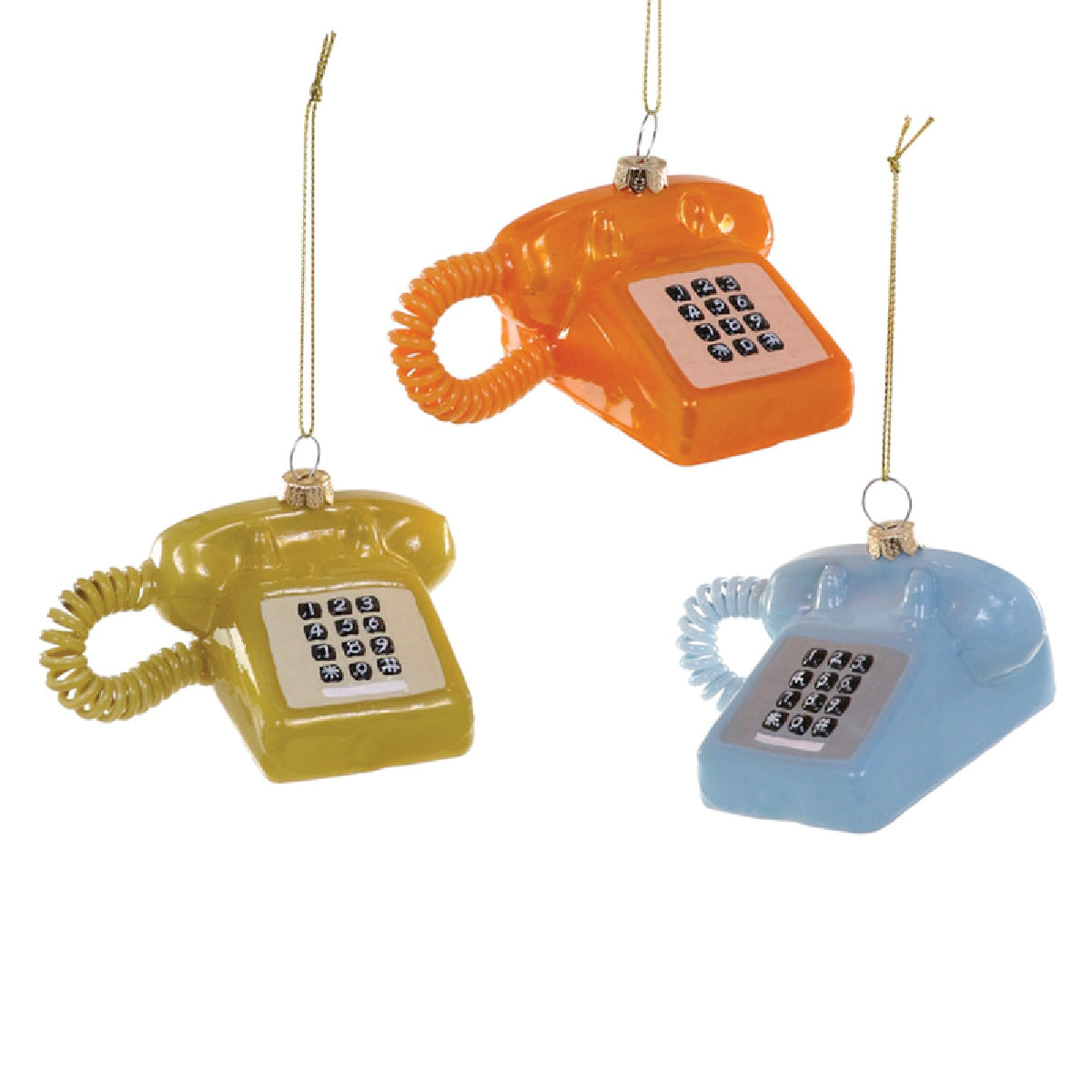 Images of three landline telephones in gold, orange and blue. 