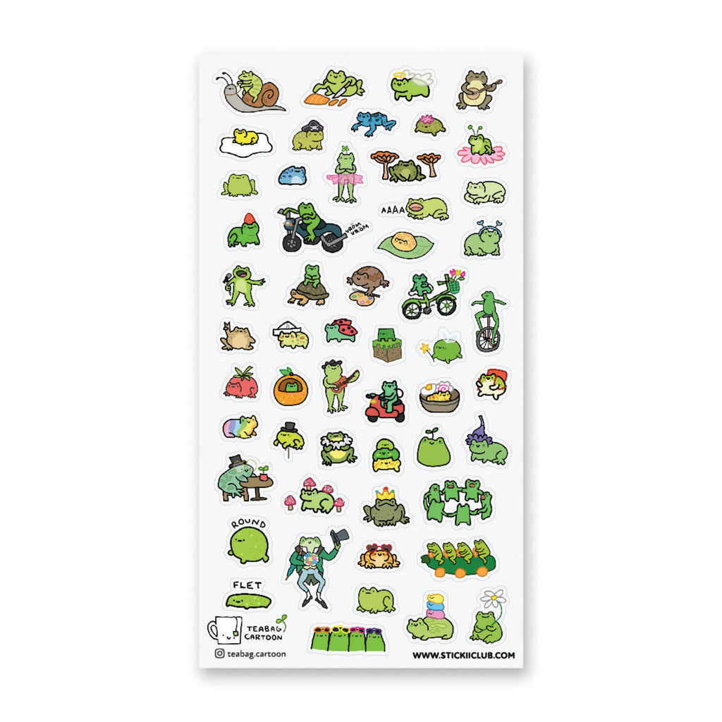 White background with images of green frogs doing things like wearing hats, riding a motorcycle, riding a snail, singing, hiding in fruits.    