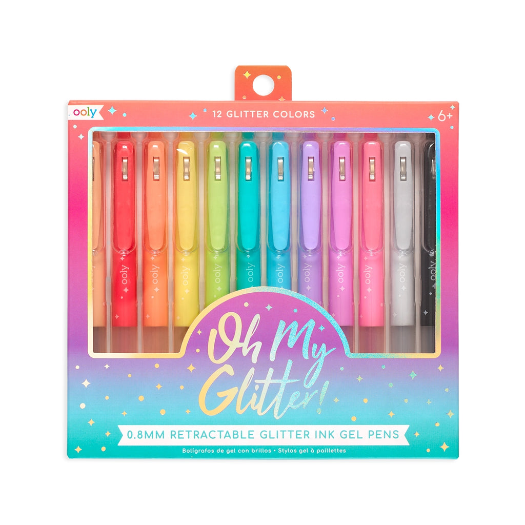 Image of box of glitter ink gel pens in rainbow colors.