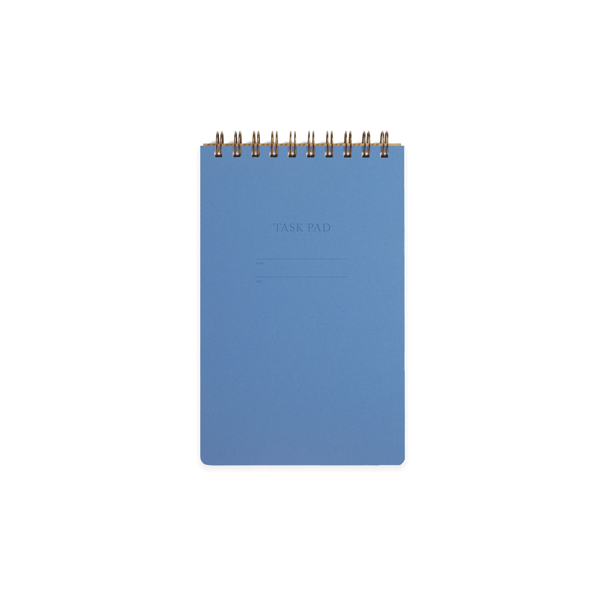 Image of ocean blue cover with letter pressed text says, “Task pad”. “Name” and “Date” with lines for writing. Coiled binding on top.