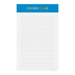 Image of a notepad with white lined paper a blue binding with gold foil text says, “For Fuck’s Sake”. 