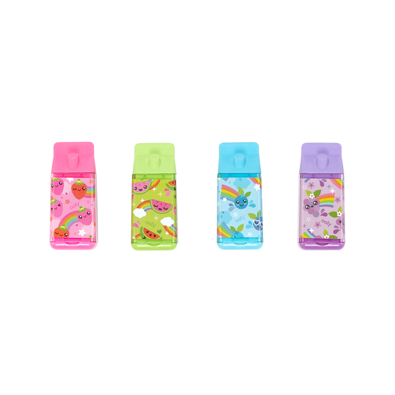 Image of juice box shaped erasers with sharpener in pink, green, blue and purple. 