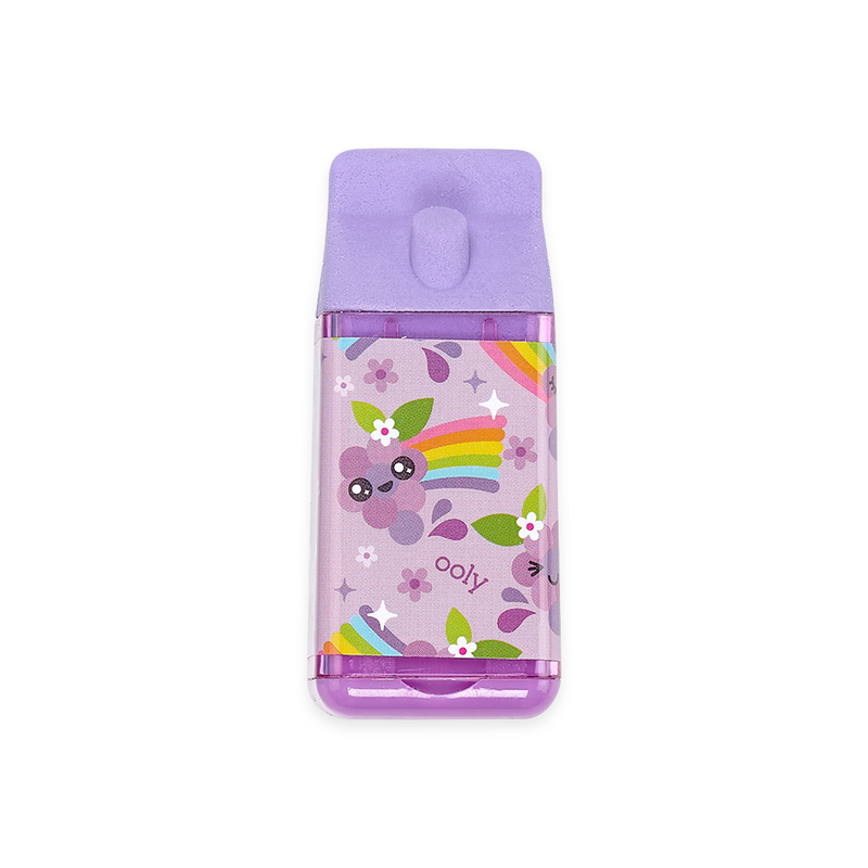 Image of juice box shaped erasers with sharpener  purple. 