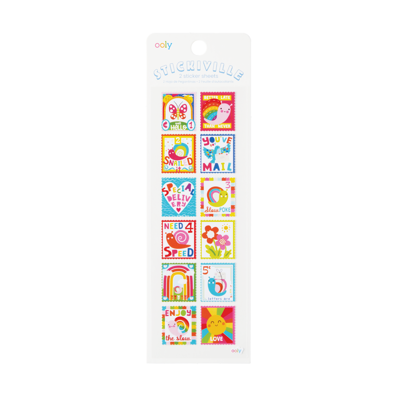 Image of sticker sheet with white background and images of stamps with colorful images like snails, hearts, flowers, rainbows, sun and messages. 