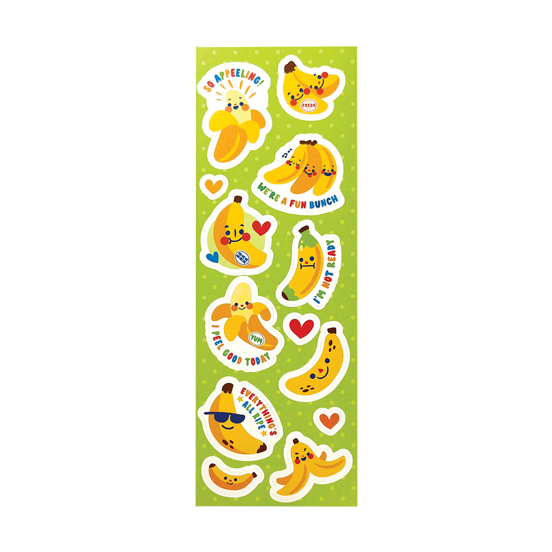 Green background with images of yellow bananas with captions in multicolored text says, “So appealing”, We’re such a fun bunch”. “I’m not ready”, “Everything is allright”. 