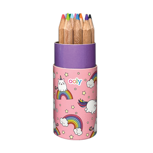 Twelve small pencils in rainbow of colors in a pink cylinder with images of rainbows, unicorns and stars.   