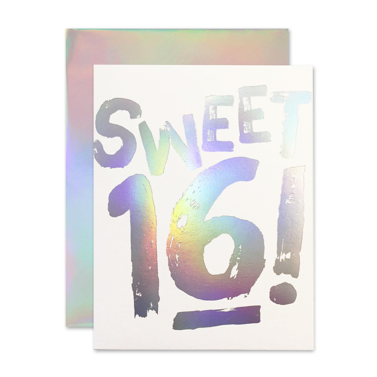 Ivory card with rainbow foil text saying, “Sweet 16!” A rainbow foil envelope is included.