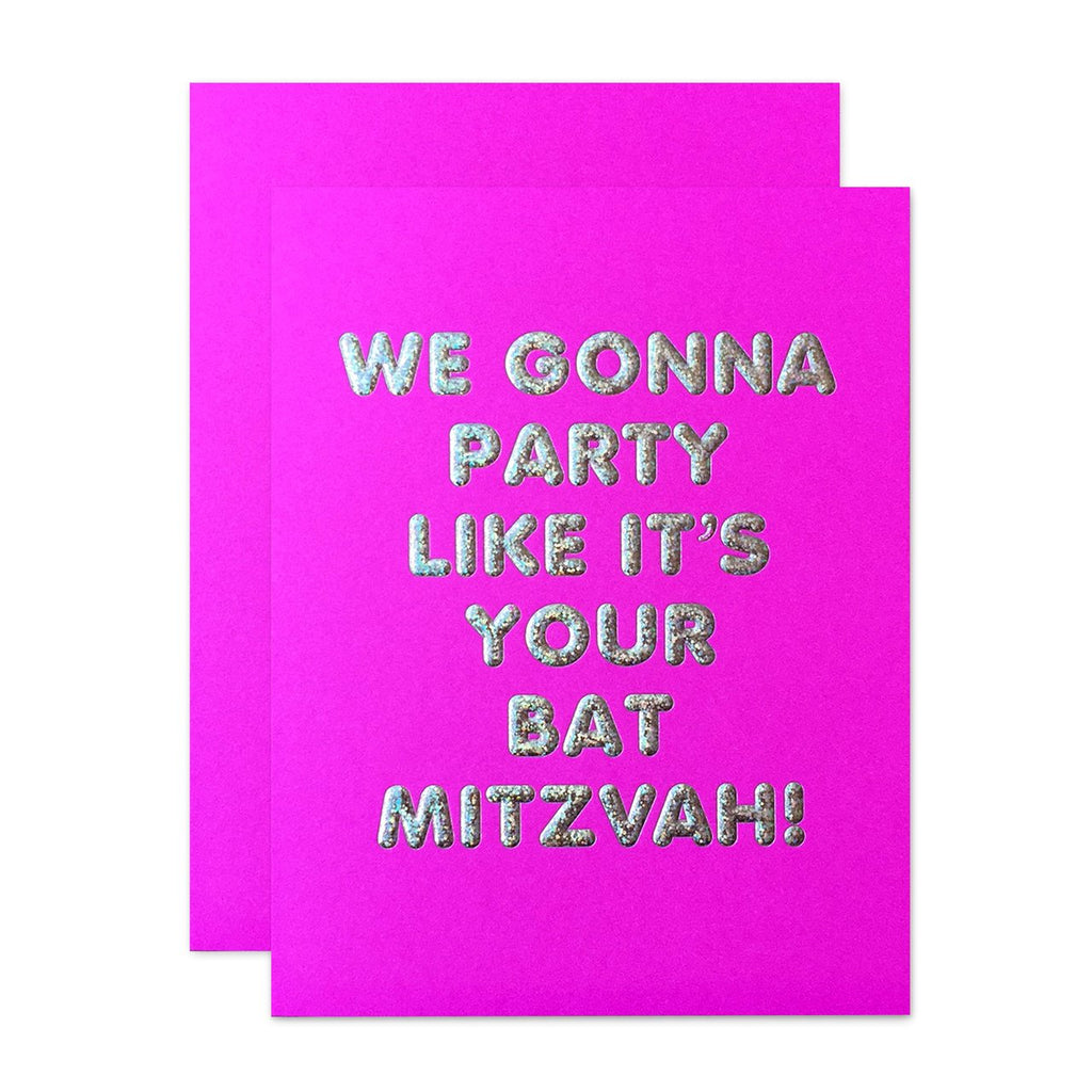 Purple card with silver foil text saying, “We Gonna Party Like It’s Your Bat Mitzvah!” A purple envelope is included.