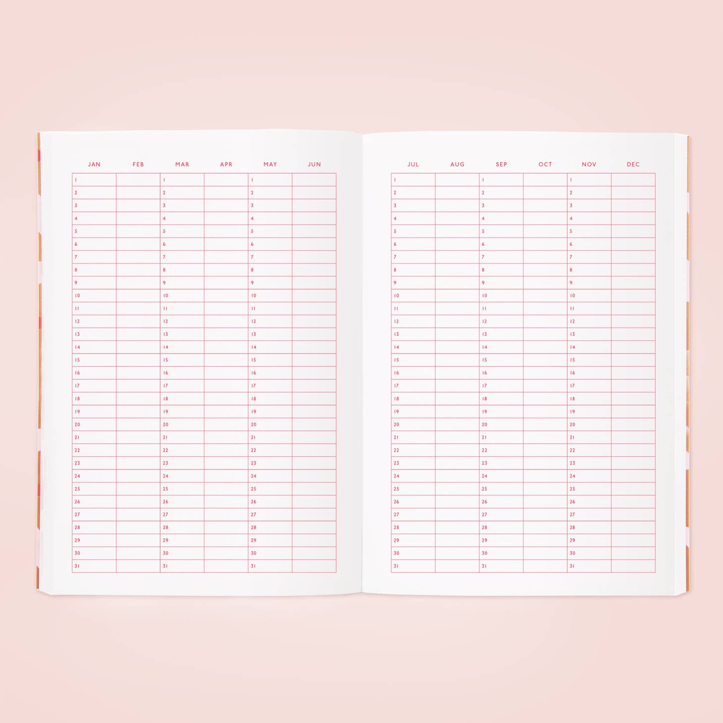Image of months page in planner with columns with dates in white with pink text.   