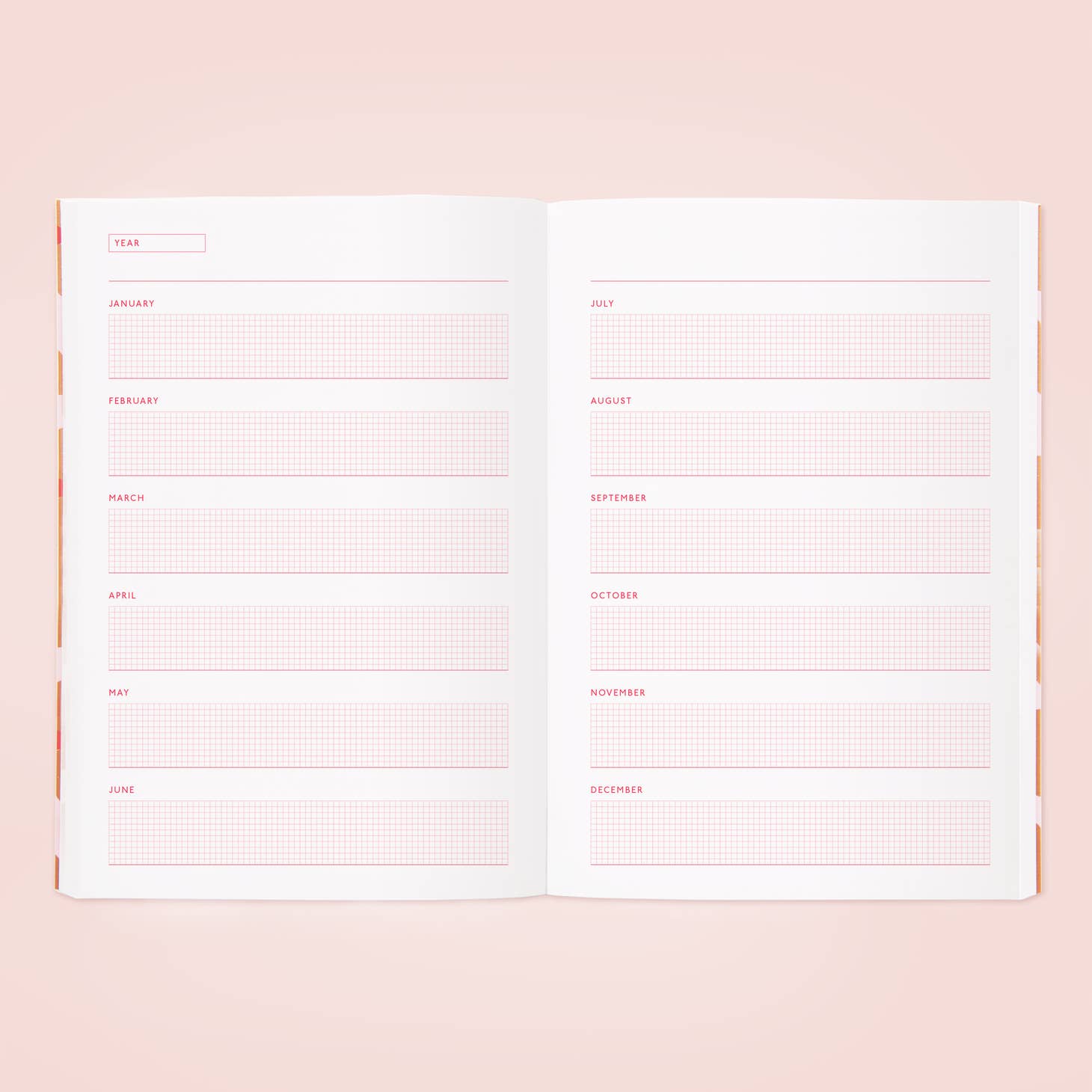 Image of year pages with grided blocks  for each month in pink text.    