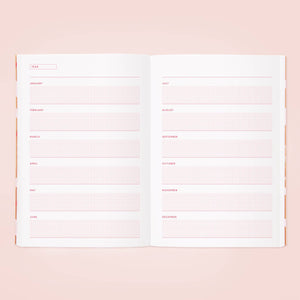 Image of year pages with grided blocks  for each month in pink text.    