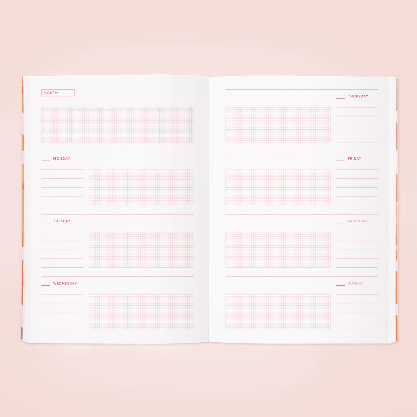 Image of month and daily page with lines and grid for each day in pink text.    