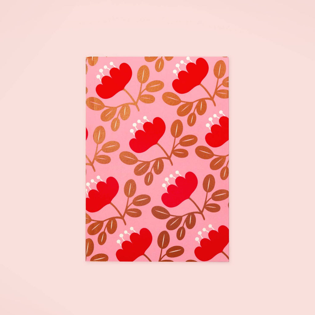 Pink background with images of orange peonys   with white accents gold foil leaves. 