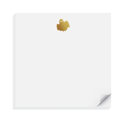 White background with image of gold foil ghost at top center.            