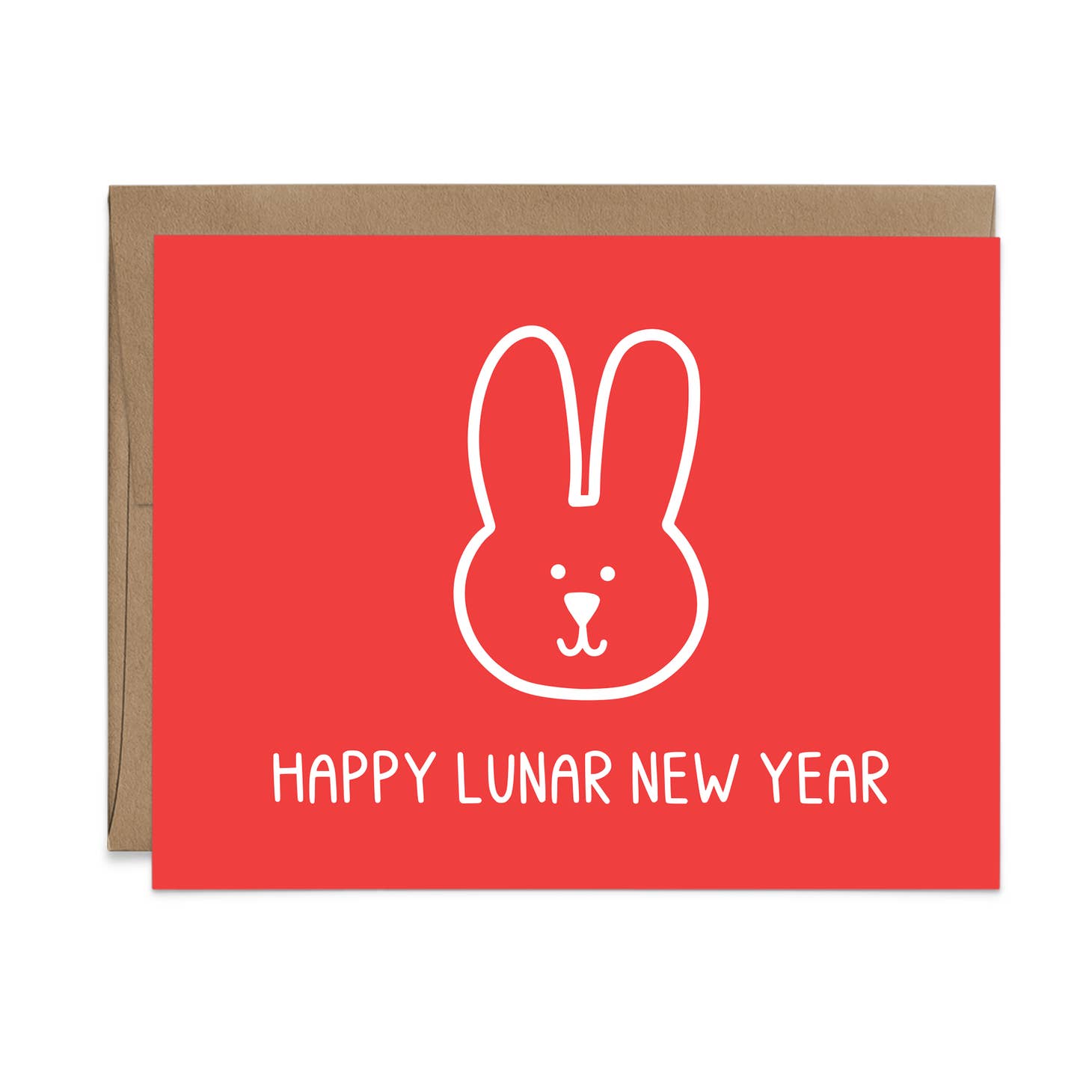 Red card with white text saying, "Happy Lunar New Year". Image of a white rabbit head in middle of card. A brown envelope is included.