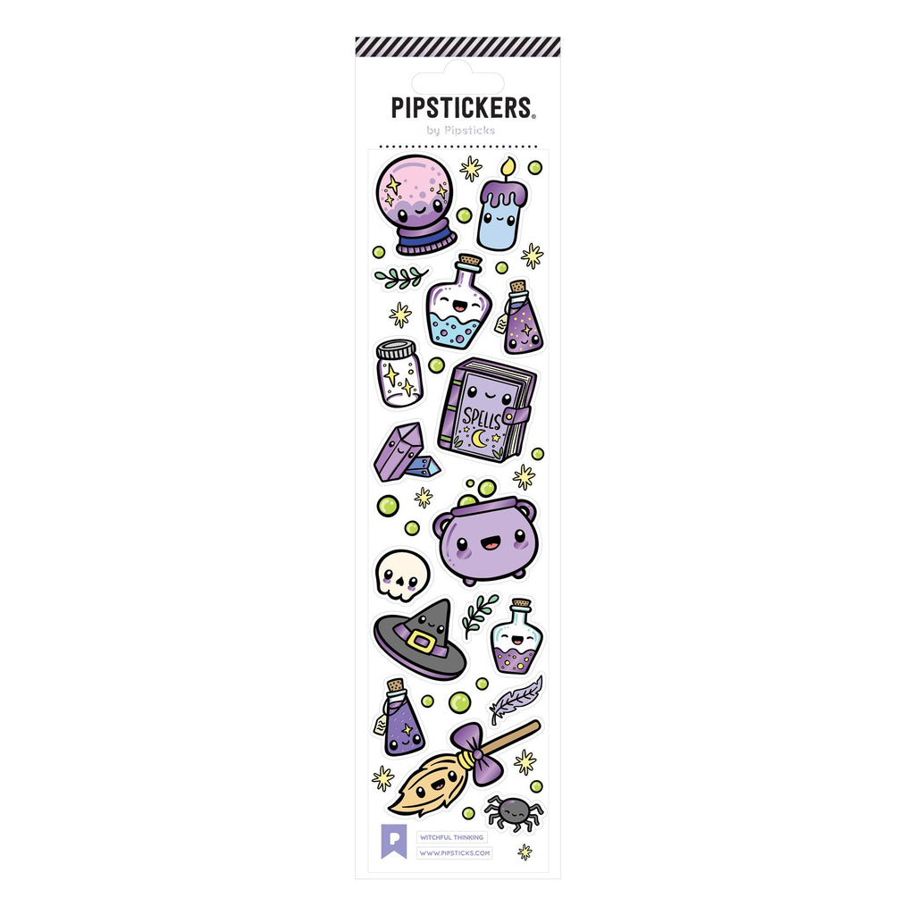 White background with images of candles, potion bottles, witch hat, broom and crystal ball.  