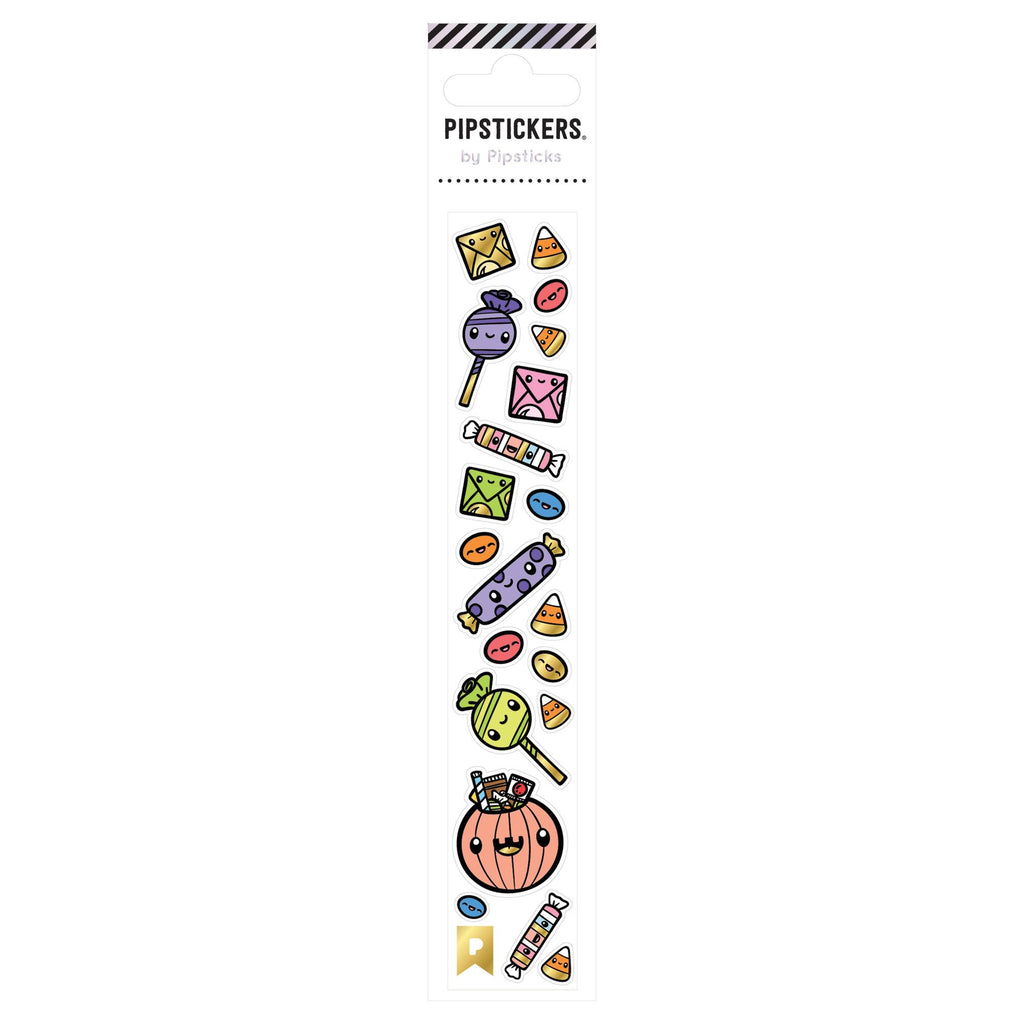 White background with images of candy and a pumpkin filled with candy. 