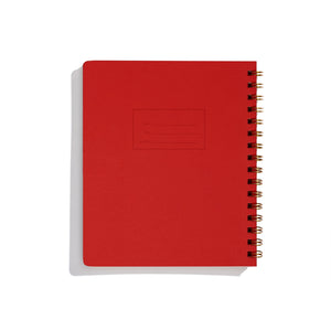 Image red cover with letter pressed text says, “Name” and “Date” with lines for writing. Coiled binding on right side.