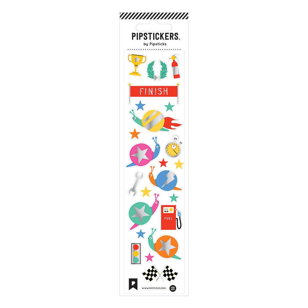 White background with images of snails in bright colors, gold trophies, checkered flags, finish line sign and stars. 
