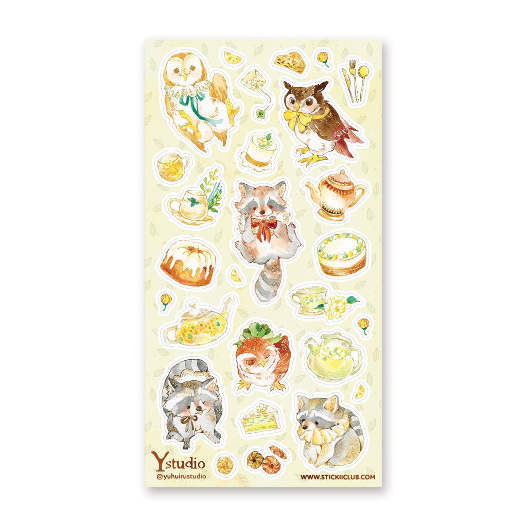 Ivory background with images of racoon, owl, with teapots, cakes, cup and saucer, and treats.    