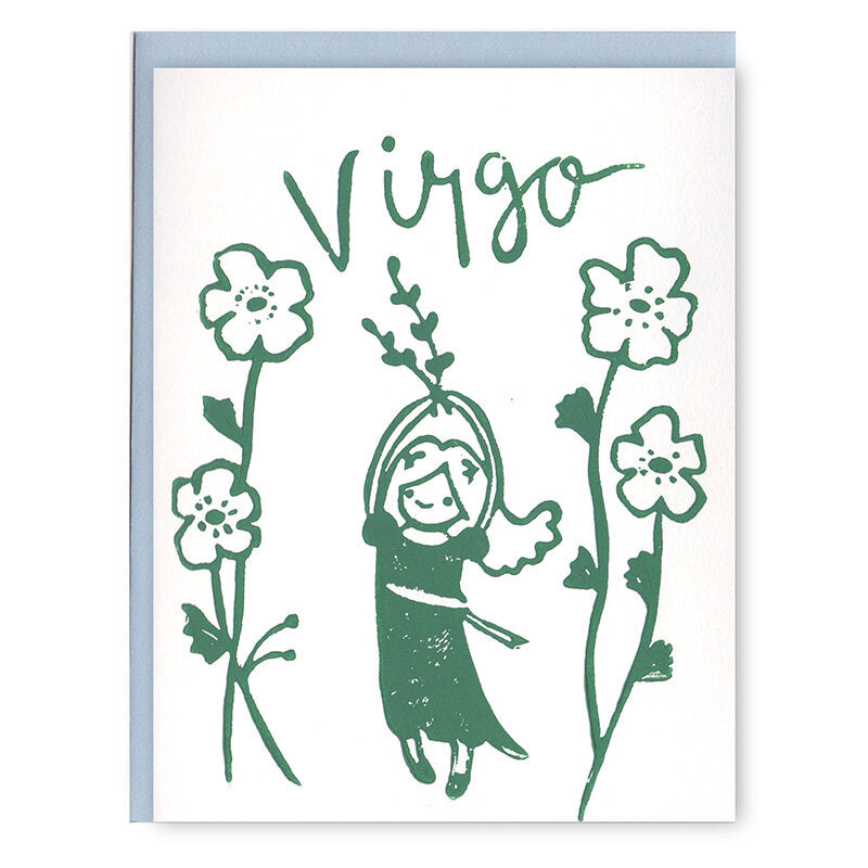 Ivory card with green text saying, “Virgo”. Image of the maiden (girl) Virgo zodiac sign. A blue envelope is included.