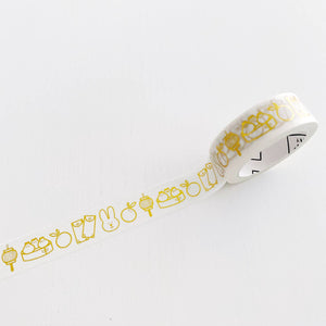 White tape with images of gold foil dumplings, lanterns, and oranges in a repeating pattern.
