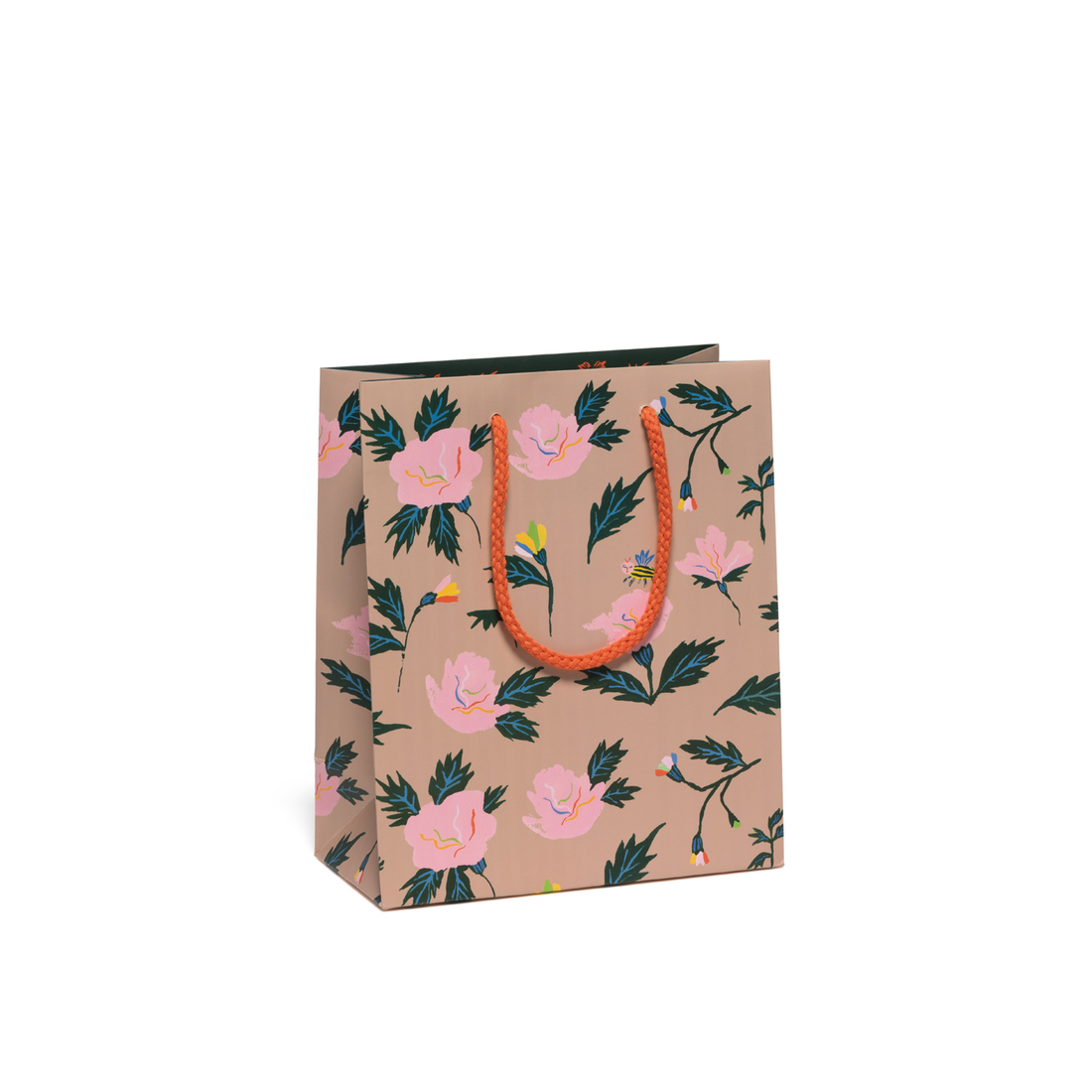 Image of gift bag with tan background with images of pink and yellow flowers with green stems and leaves with orange cord handle. 