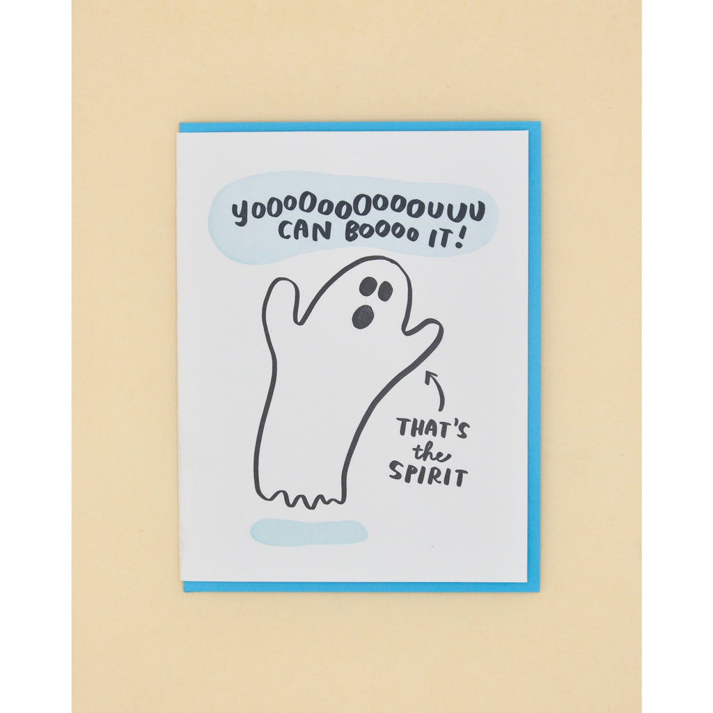 Ivory card with black text saying, "Yooooooooouuu Can Boooo It! That's the Spirit". Image of a ghost in center. A neon blue envelope is included.