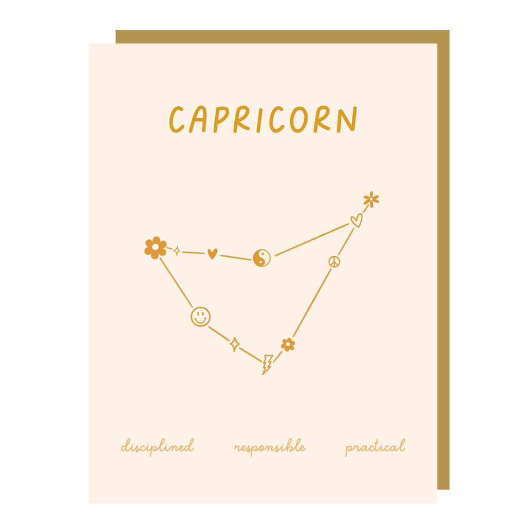 Ivory card with gold text saying, "Capricorn Disciplined Responsible Practical". Image of the Capricorn Zodiac symbol. A gold envelope is included.
