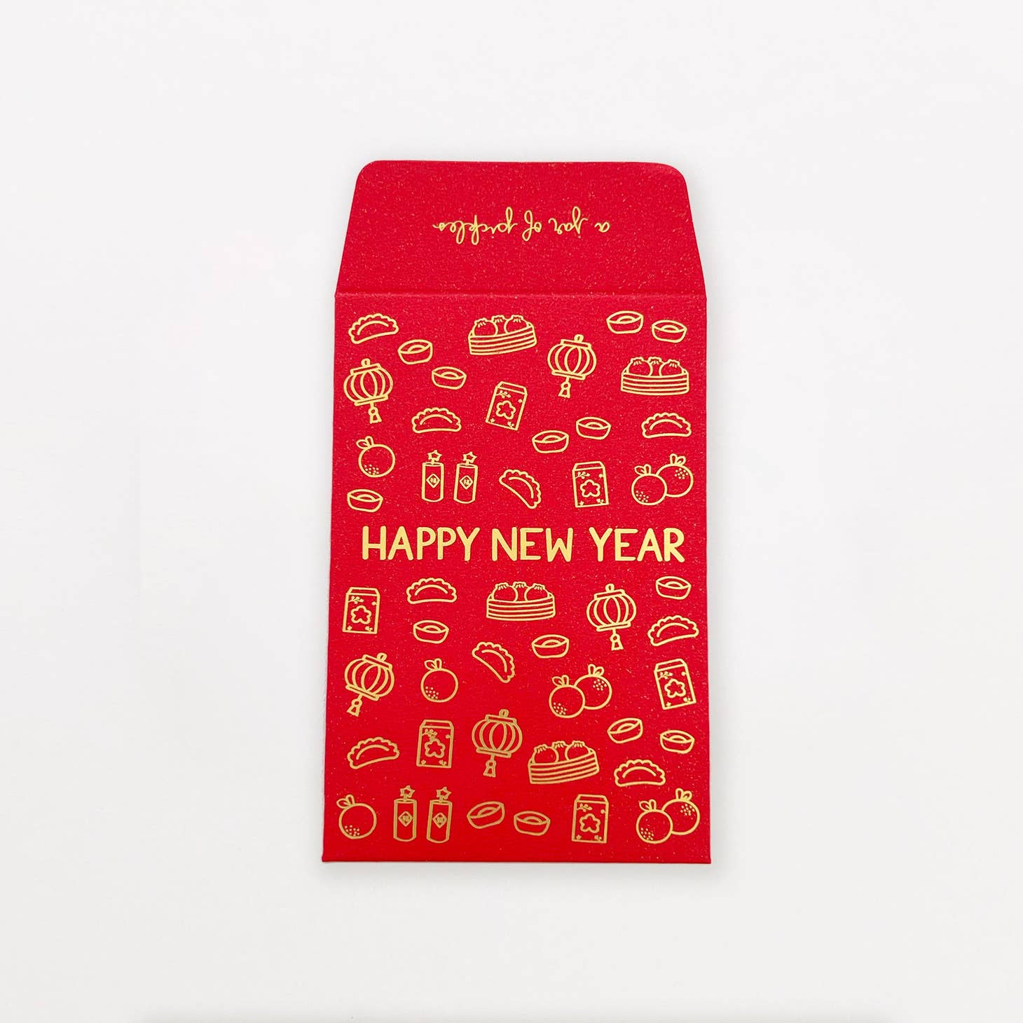 Red background with gold foil images of Chinese New Year symbols including food and latterns. Gold foil text says, “Happy New Year”.      