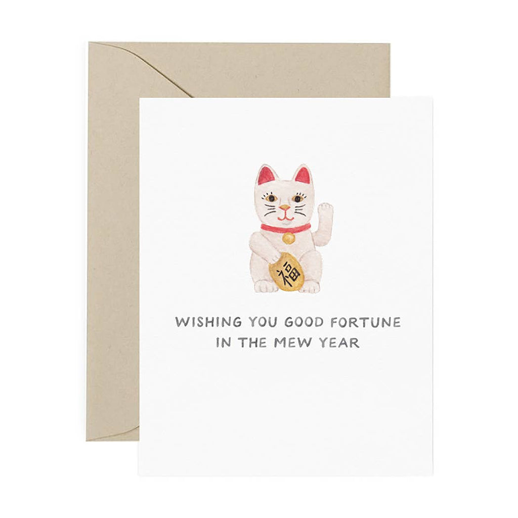White card with black text saying, “Wishing You Good Fortune in the Mew Year”. Image of Chinese New Year cat. A tan envelope is included.