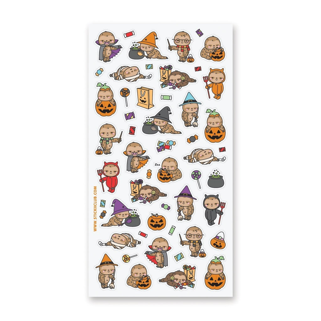 White background with images of tan sloths wearing Halloween costumes like vampire, pumpkin, devil, witch and mummy.
