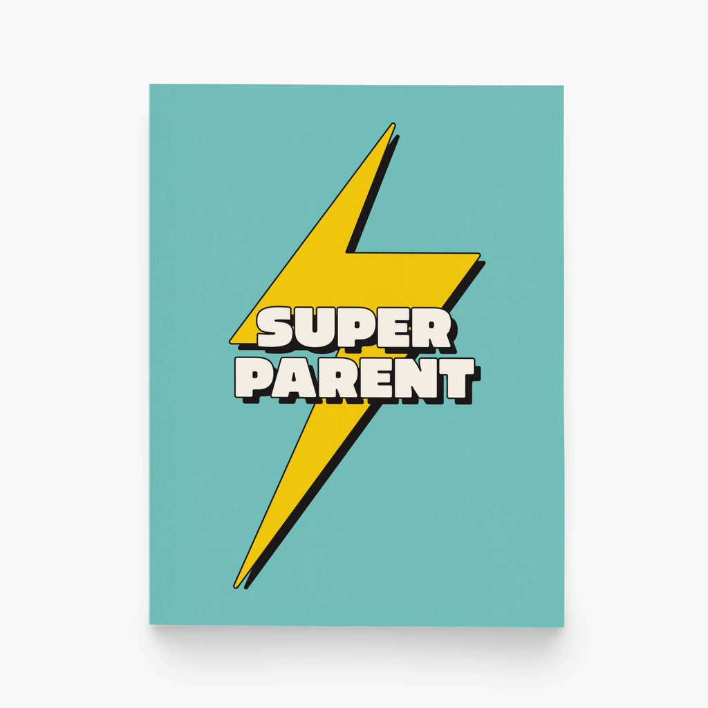 Turquoise background with image of yellow lightning bolt with white text says, “Super Parent”. White envelope included.    