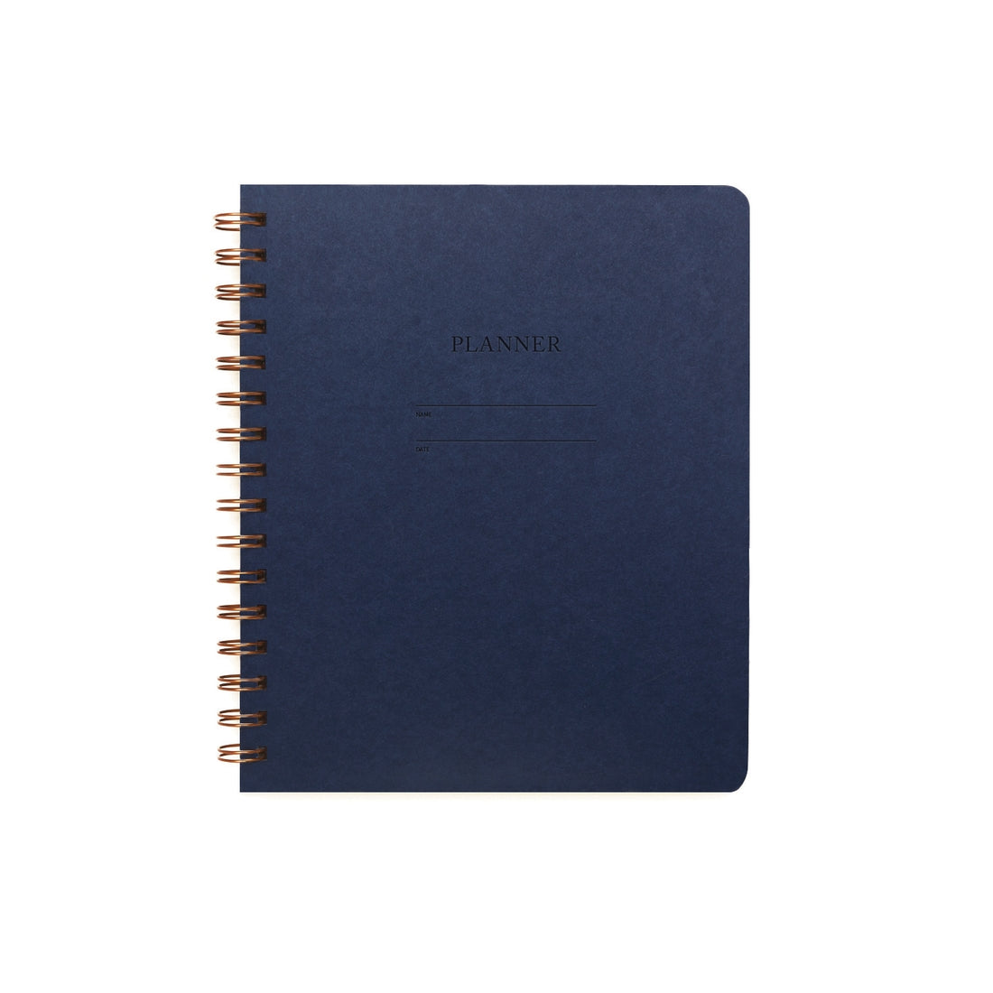 Image of dark blue cover with letter pressed text says, “Planner”. “Name” and “Date” with lines for writing. Coiled binding on left side.
