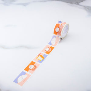Decorative tape with white background and stamp images of bao buns, toast and dumplings.