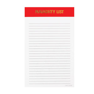 Image of a notepad with white lined paper and red binding with gold foil text says, “Naughty List”. 