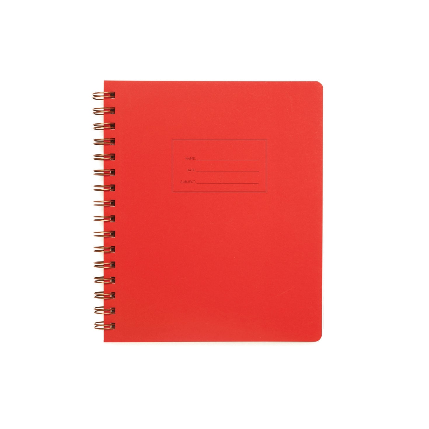 Image red cover with letter pressed text says, “Name” and “Date” with lines for writing in a rectangle. Coiled binding on left side.