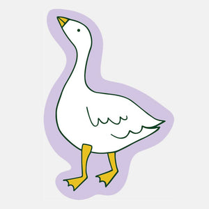 Lavender background with image of white goose with yellow feet and beak.      