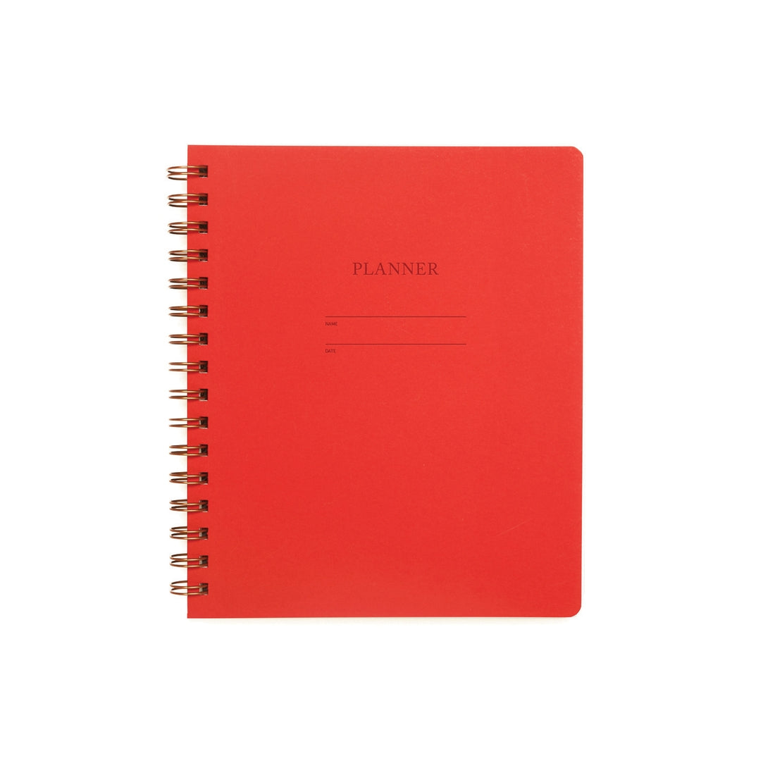 Image of red planner cover with letter pressed text says, “Planner”, “Name”, and “Date” with coil binding.