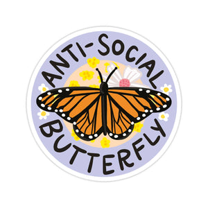 Image of a monarch butterfly in red, black and white with yellow flowers and white flowers with yellow center and lavender border. Black text says, “Anti-social butterfly”.          