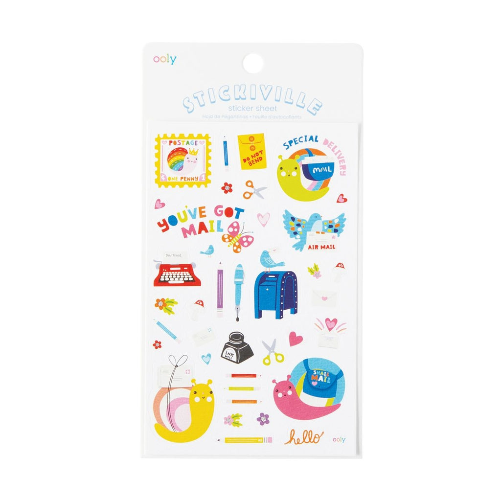 Image of sticker sheet with white background and images of snails, mailboxes, pens, pencils, typewriter, scissors, and ink. 