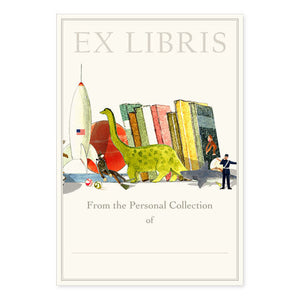 Ivory background with images of a dinosaur, shark, scuba diver, space shuttle and books with grey text says, “Ex Libris” and “From the personal collection of” with a line to add name. 