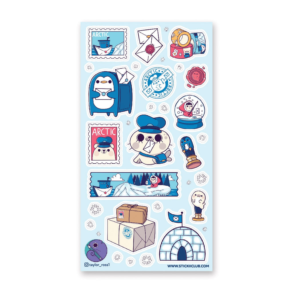 Blue background with images of blue mailbox with penguin face. Seal dressed as a postal worker. White envelopes. 