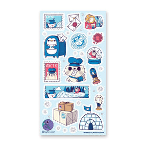 Blue background with images of blue mailbox with penguin face. Seal dressed as a postal worker. White envelopes. 