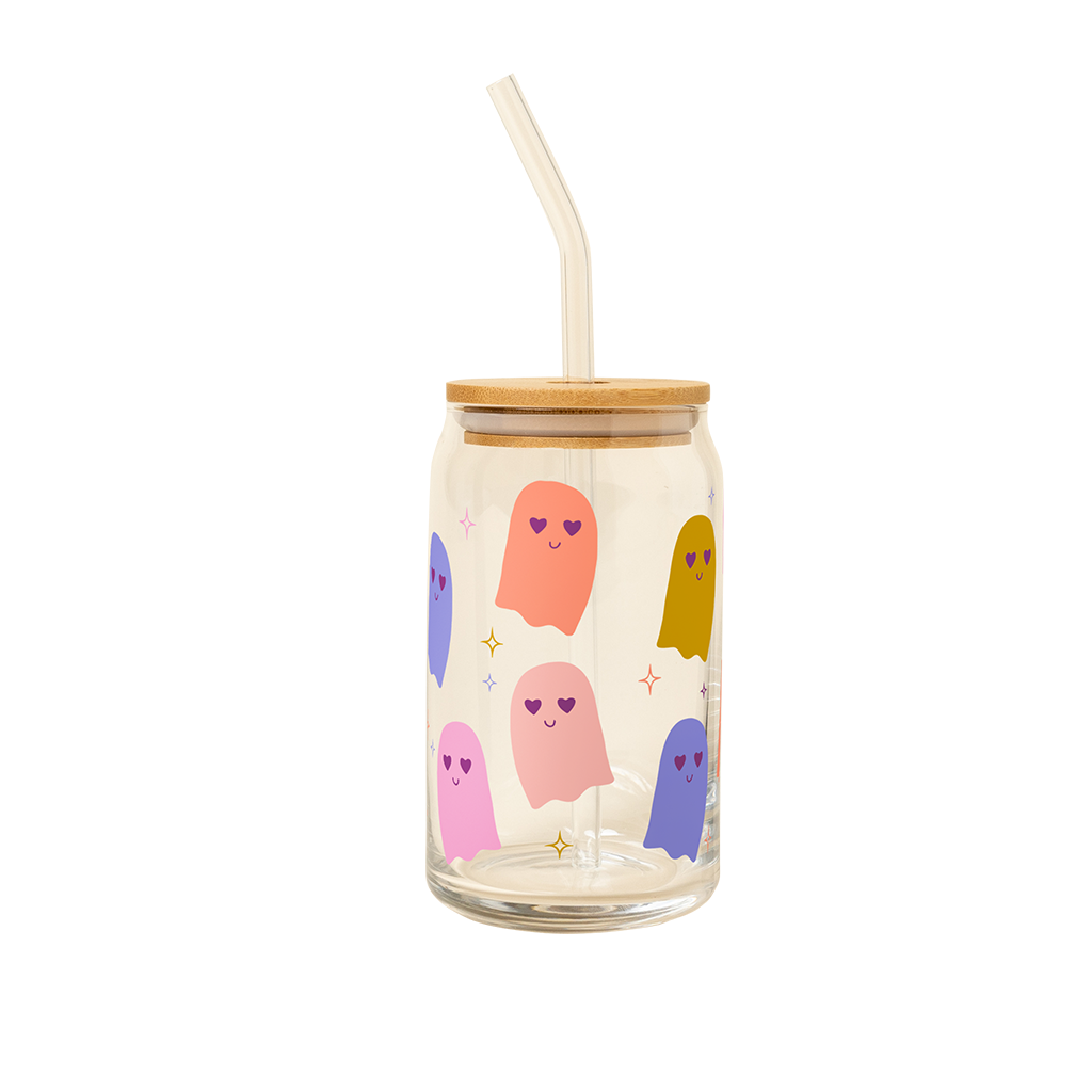 Glass tumbler with images of floating ghosts in pink, peach, gold and purple. Wooden lid and glass straw.