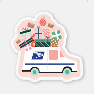 Image of sticker with pink background with image of USPS mail truck with holiday presents on top, 